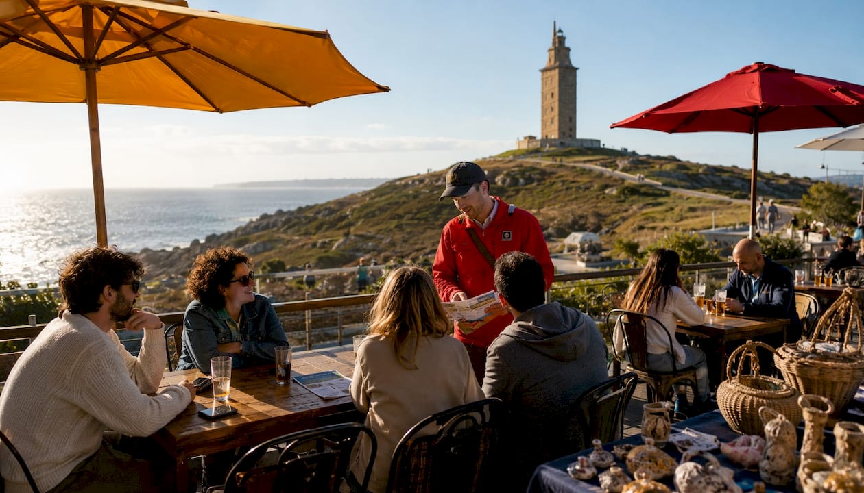 Cafetería con terraza y clientes disfrutando junto a la Torre