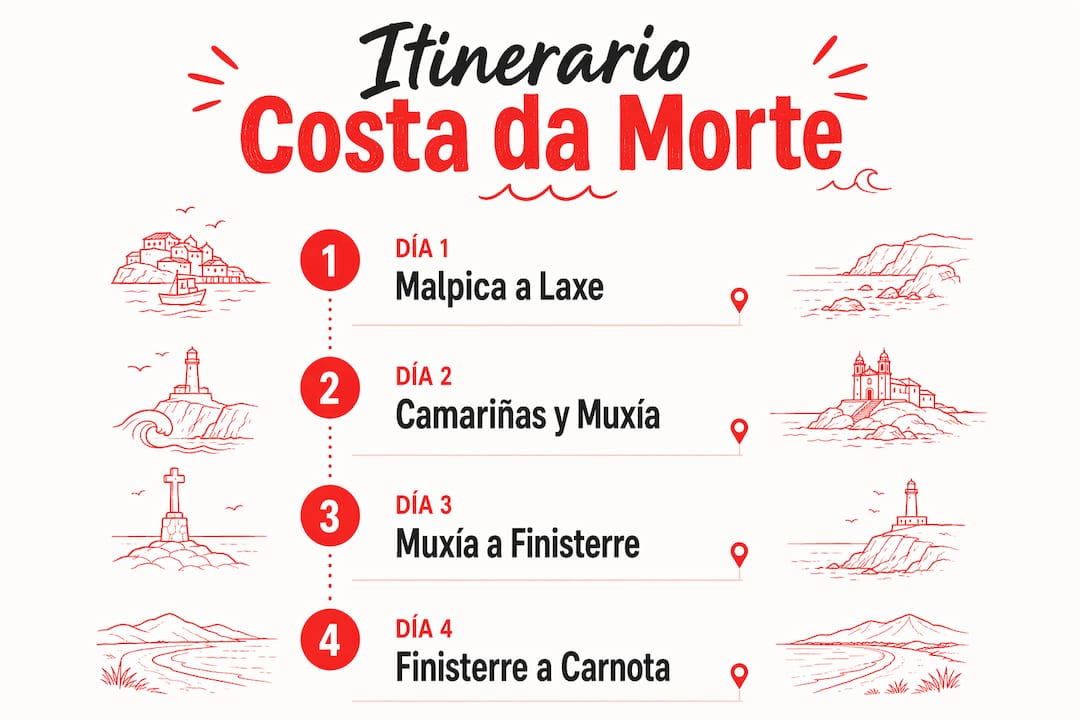 Infografía con el itinerario diario para recorrer la Costa da Morte