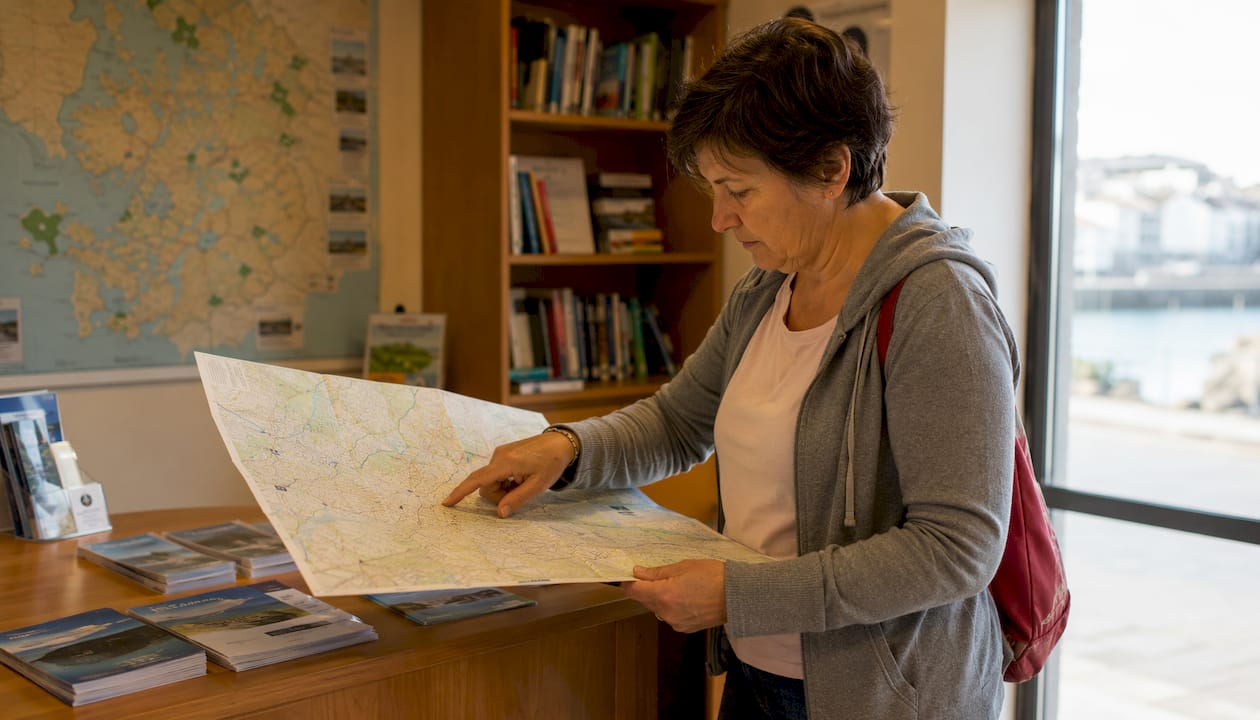 Un turista consulta el plano de la ciudad en la oficina de turismo de Ribadeo.