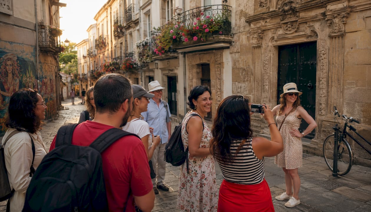 Un viajero pasea por una antigua calle empedrada en Betanzos, descubriendo el encanto histórico de la ciudad.