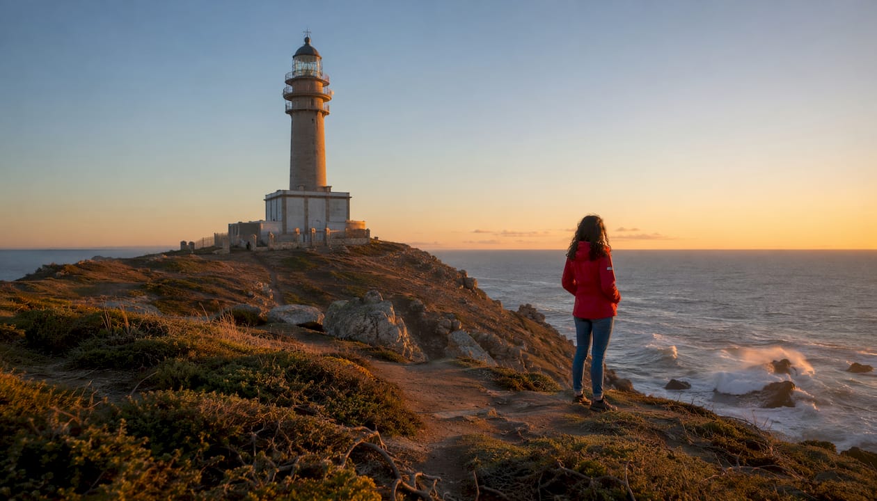 El faro de Cabo Touriñán, con un visitante admirando sus vistas de cerca.