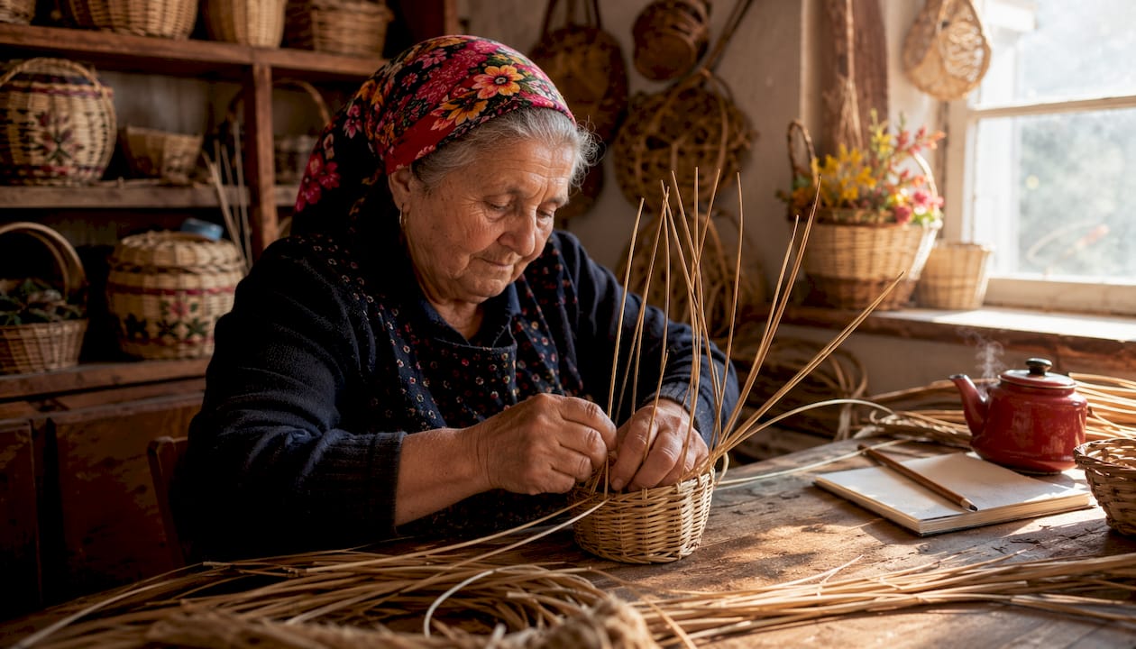 Mujer mayor elaborando encaje de bolillos de forma artesanal.