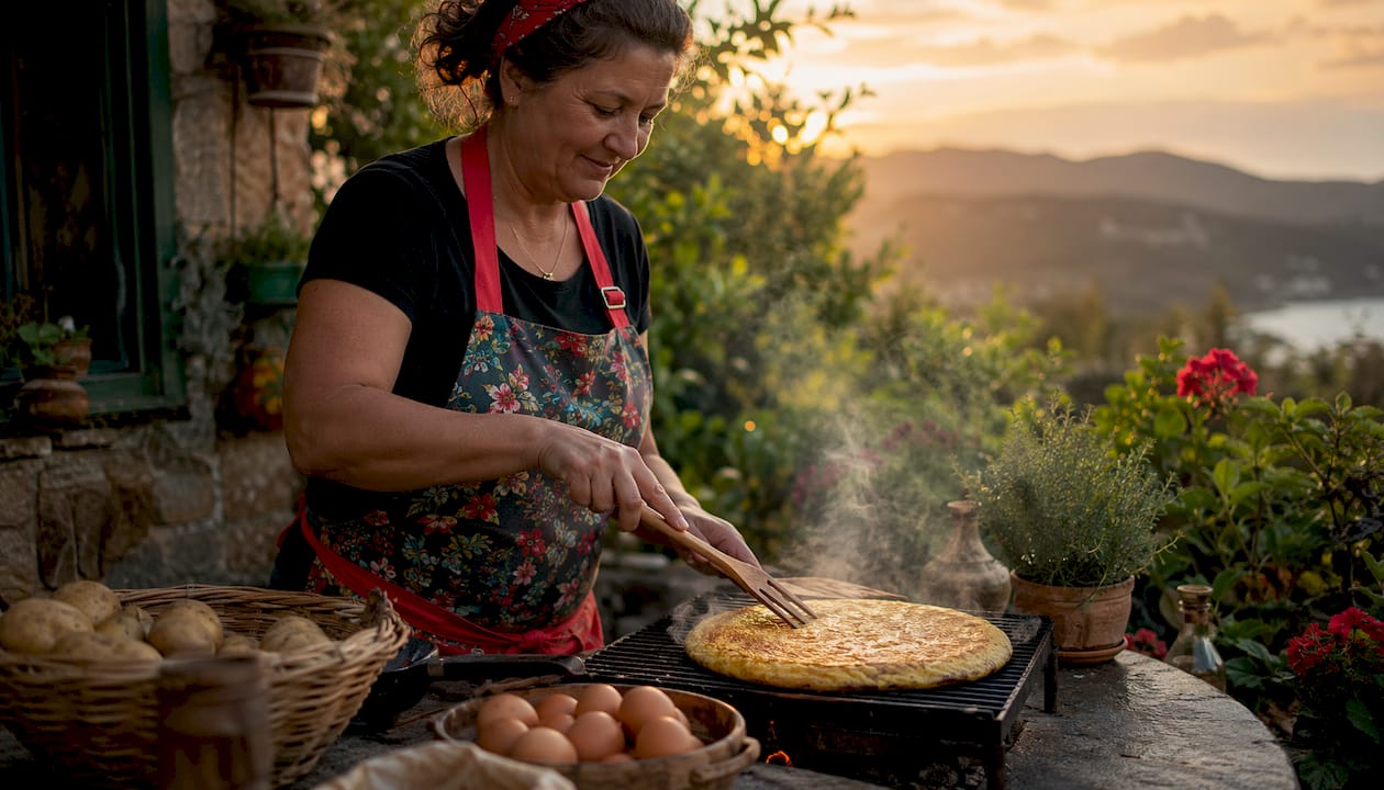 Unas manos le dan la vuelta a una tortilla sobre la sartén, en una cocina de estilo rústico.