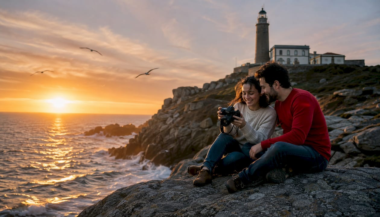 Una pareja observa el faro de Finisterre, disfrutando juntos del paisaje y el misterio del fin del mundo.