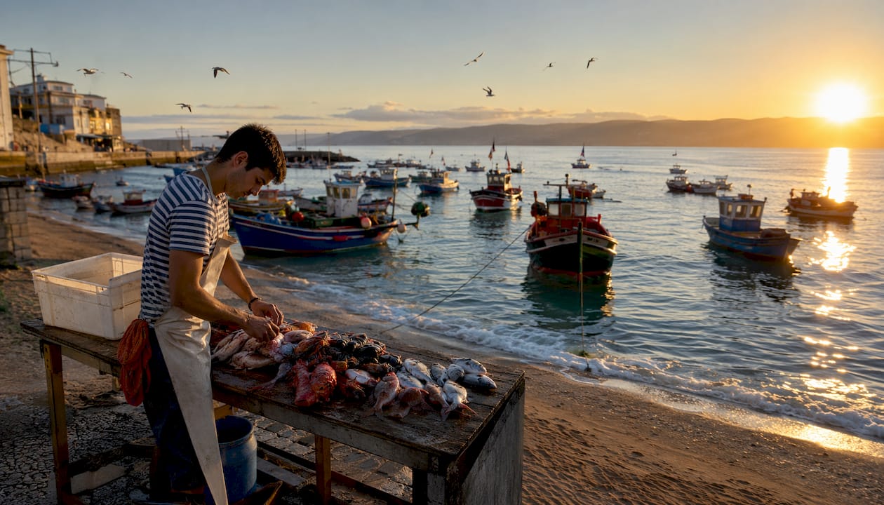 Un marinero coloca marisco fresco en el mercado del puerto de Finisterre.