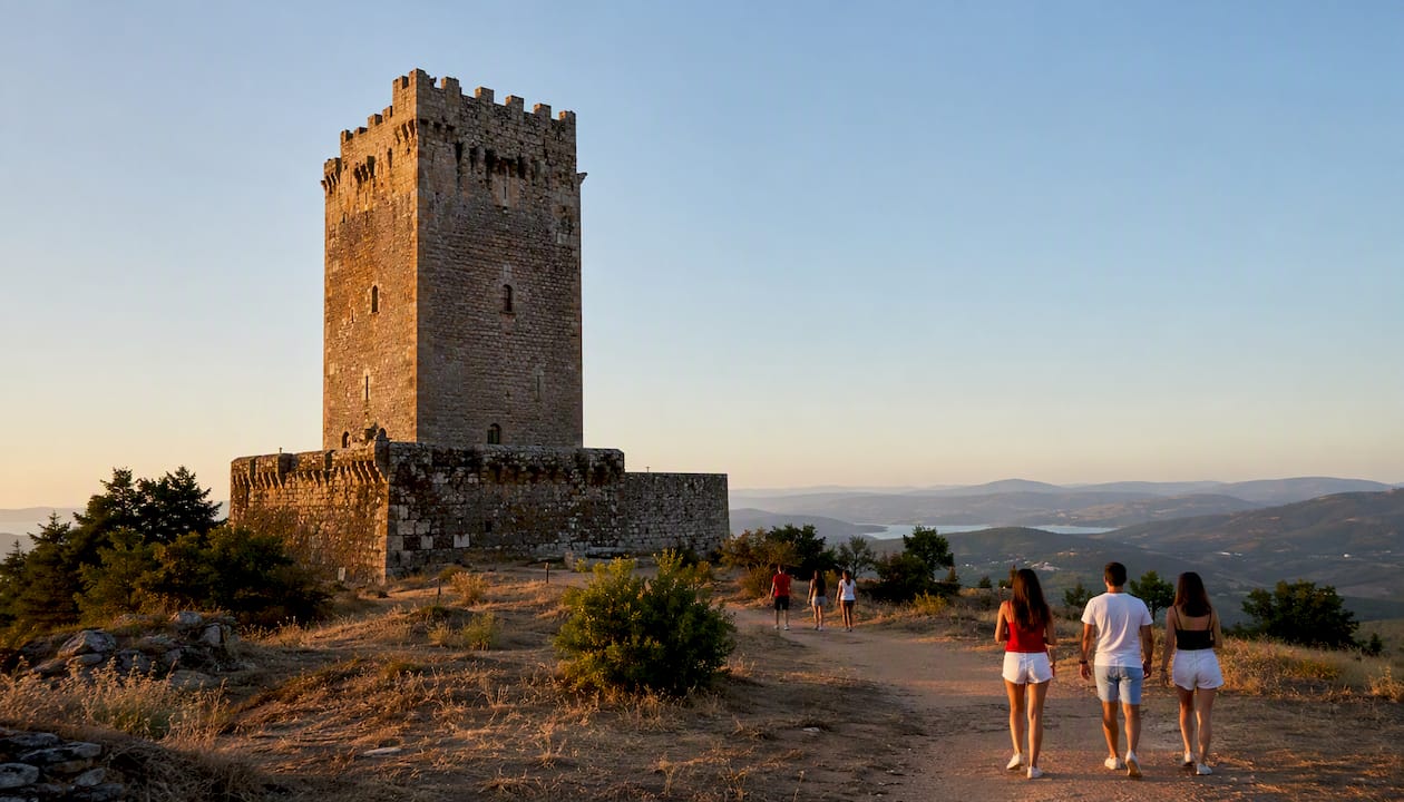 Vista lateral de la Torre da Mosqueira con varios visitantes recorriéndola