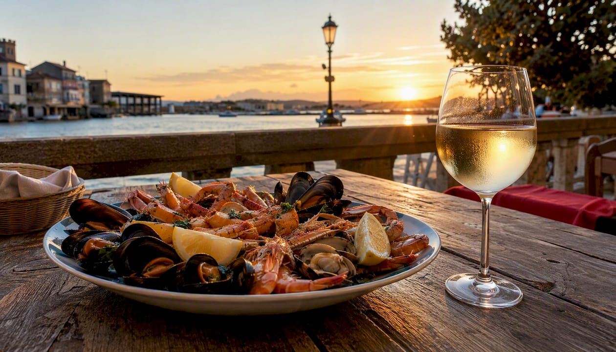Disfruta de una bandeja de mariscos frescos acompañada de un buen vino en una terraza de Cambados.