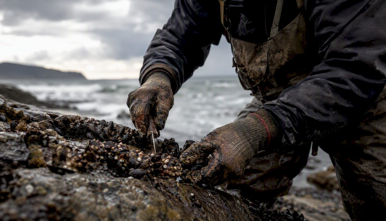 Manos recogiendo percebes sobre las rocas
