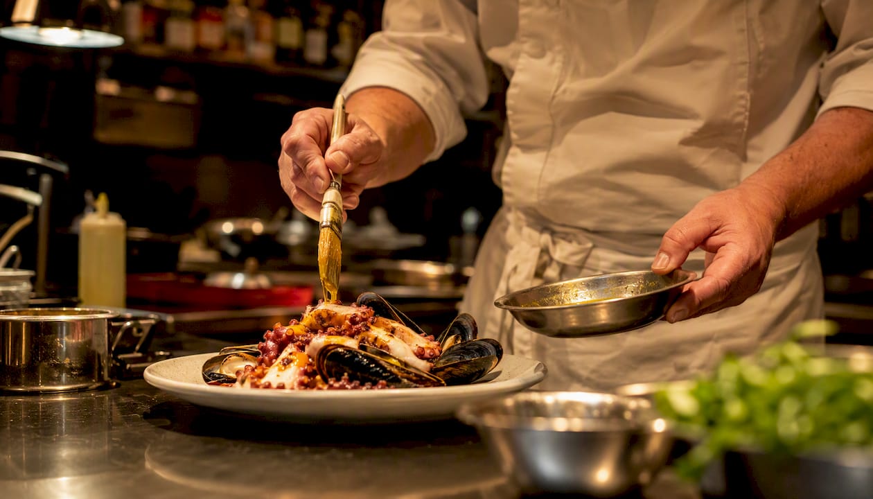 El chef emplatando un pulpo a la gallega