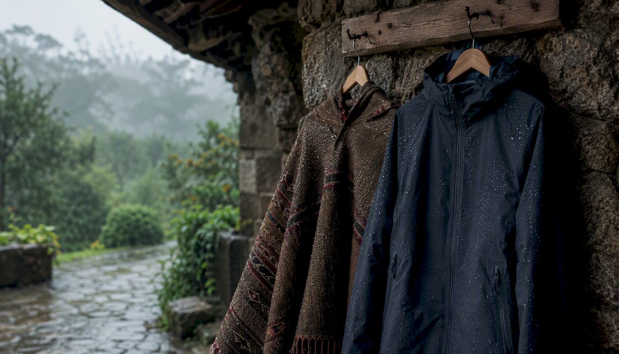 El impermeable y el poncho están colgados a resguardo, lejos de la lluvia.