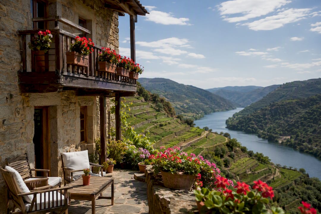 Terraza de casa rural con vistas al río Sil
