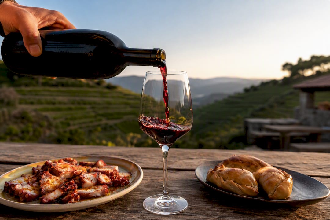 Mano sirviendo vino Mencía junto a platos gallegos