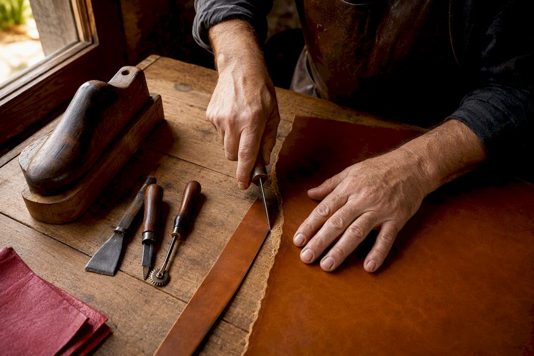 Manos trabajando el cuero en un taller de Allariz