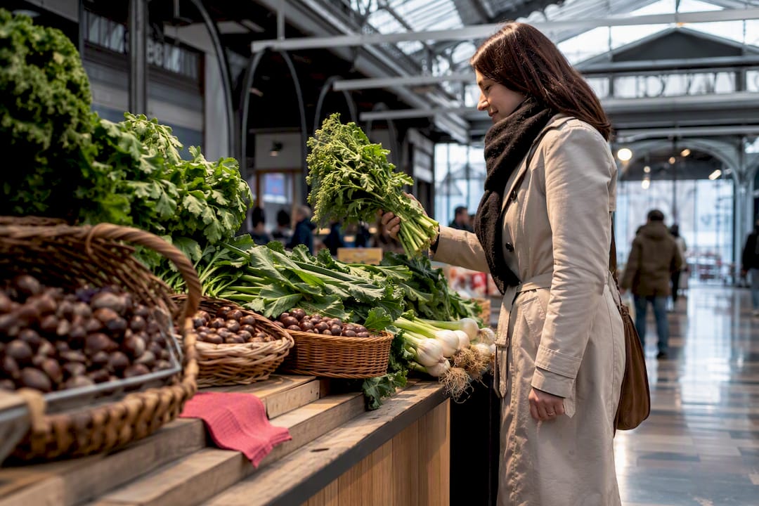 Puesto de verduras en un mercado cubierto de Galicia