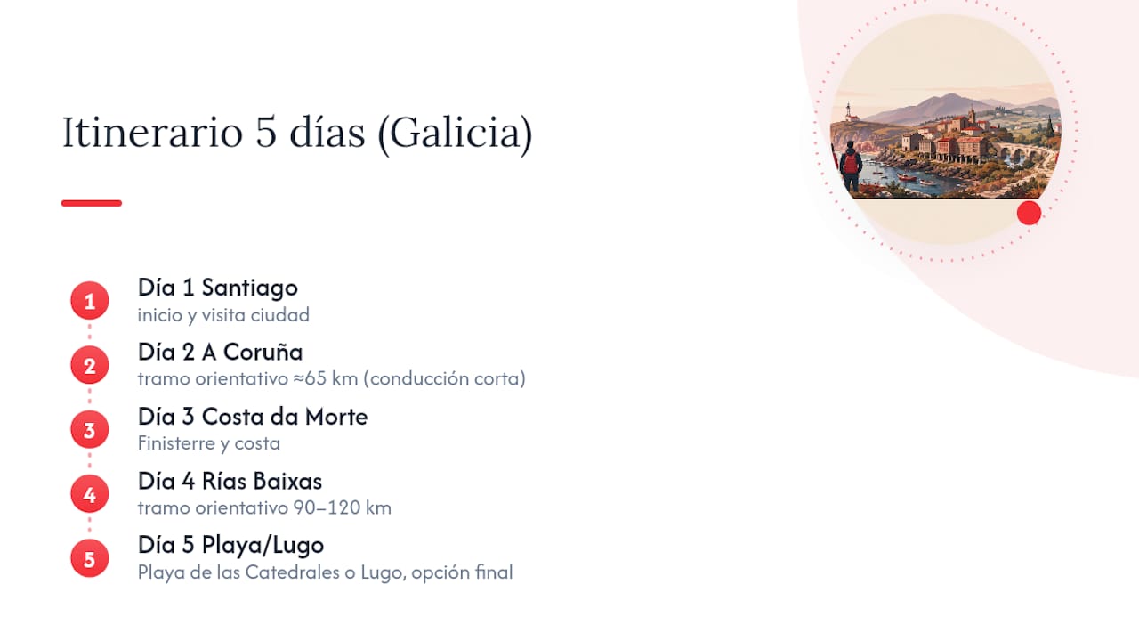Mapa esquemático de una ruta de cinco días por Galicia