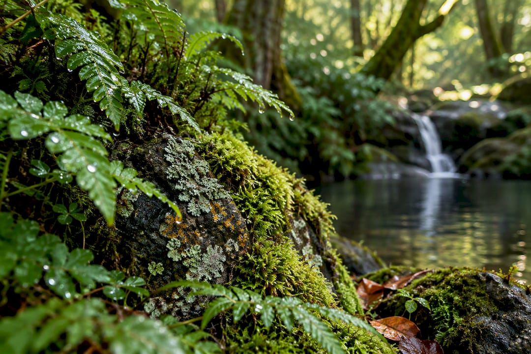 Musgos y helechos al lado de una cascada