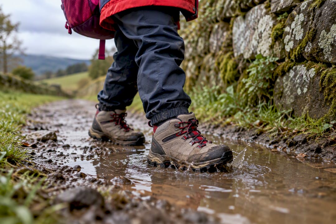 Botas de niño pisando un charco de barro