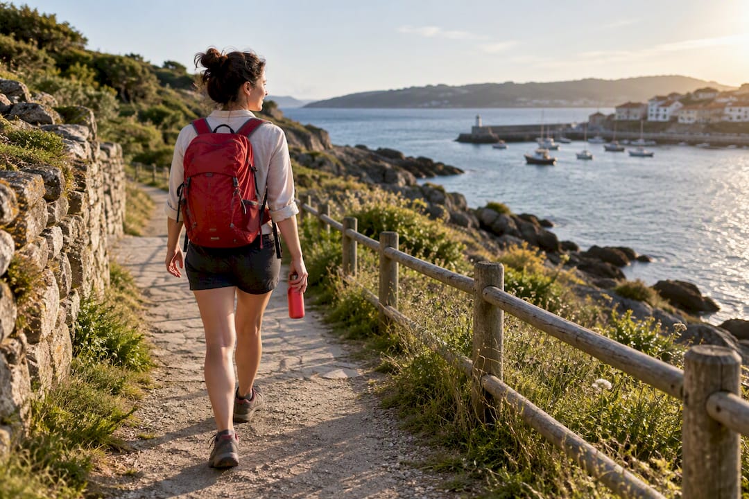 Viajero en solitario recorriendo el camino costero de Galicia