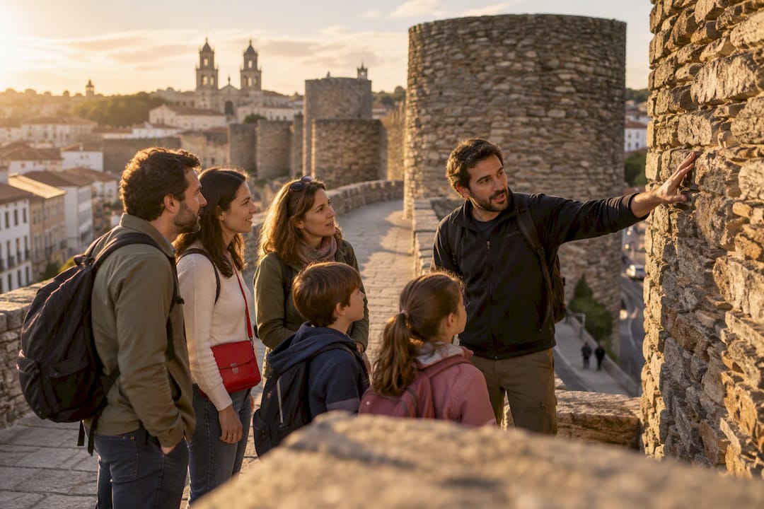 Guía turística explicando la muralla romana de Lugo