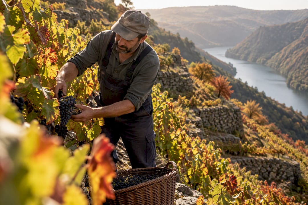 Recolección de uvas en otoño en los viñedos de la Ribeira Sacra