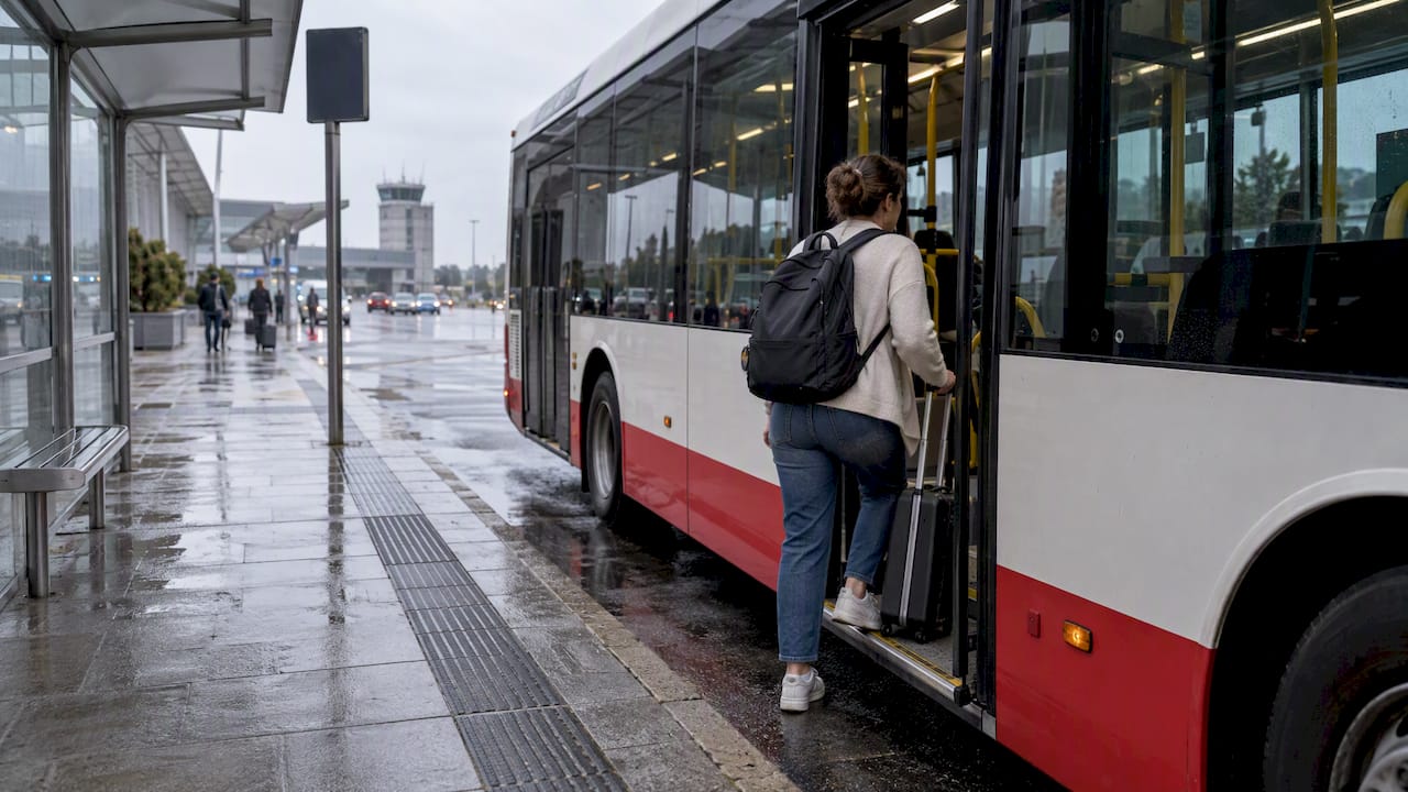 Viajera abordando el autobús en el aeropuerto